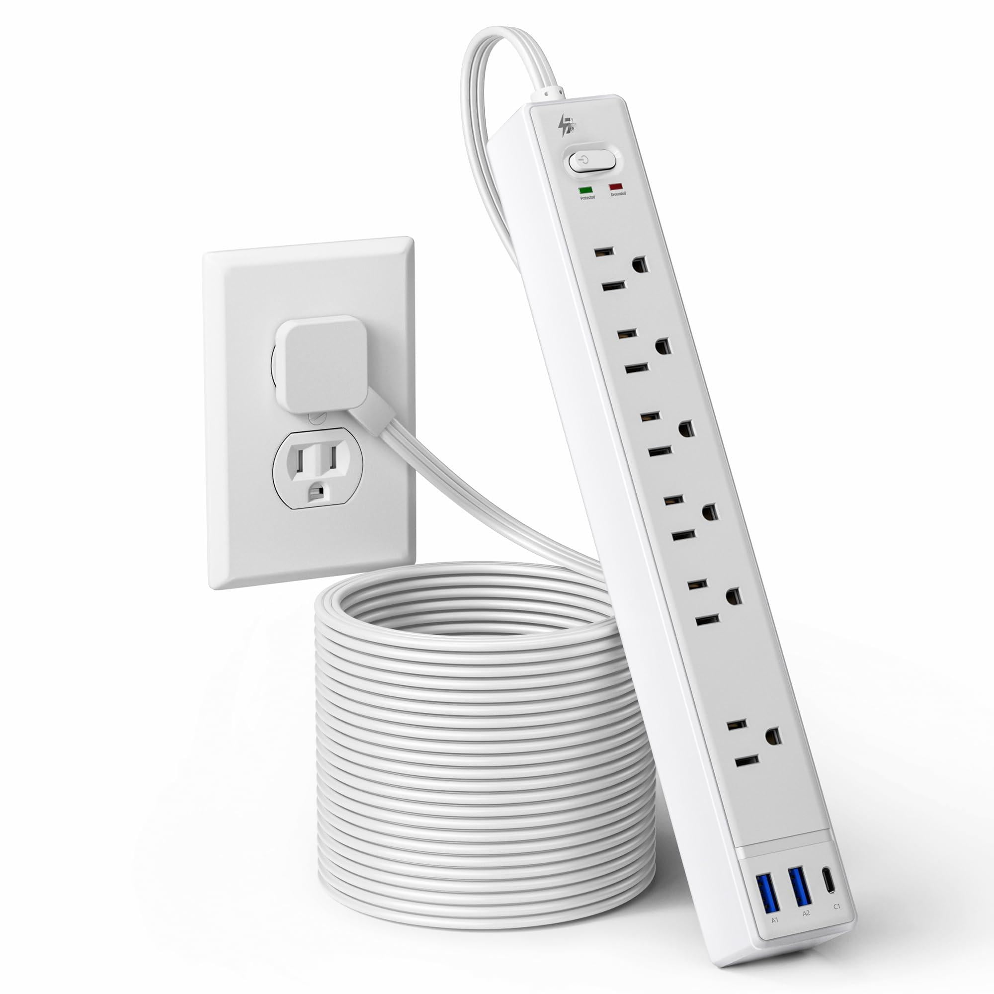 15ft Long Extension Cord  Surge Protector Power Strip With 6 Outlets & 3 Usb Ports Flat Plug Wall Mountable Desk Charging Station For Home Office College Dorm Room