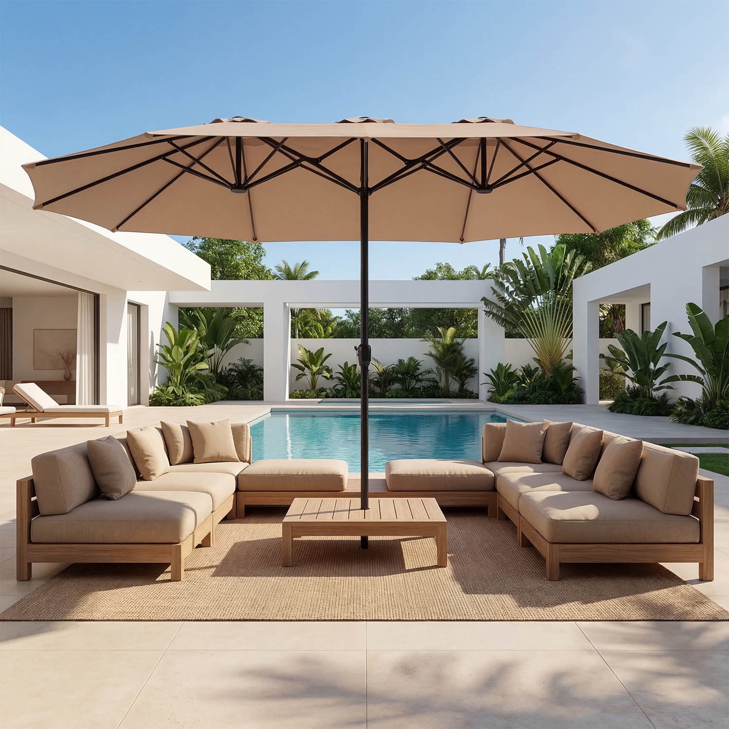 15ft Outdoor Patio Umbrella Extra-Large Double-Sided Garden Umbrella with Crank Handle - Beige