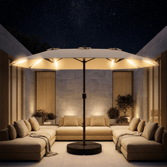 TASKBAY 15FT Patio Umbrella with Solar LED Lights, Double-Sided Rectangle Outdoor Umbrella with Base Included, Large Backyard & Garden Umbrella, Beige