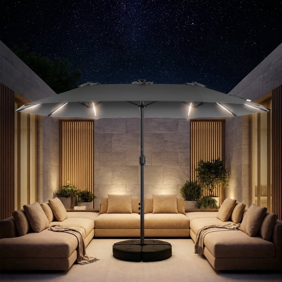 TASKBAY 15FT Patio Umbrella with Solar LED Lights, Double-Sided Rectangle Outdoor Umbrella with Base Included, Large Backyard & Garden Umbrella, Gray