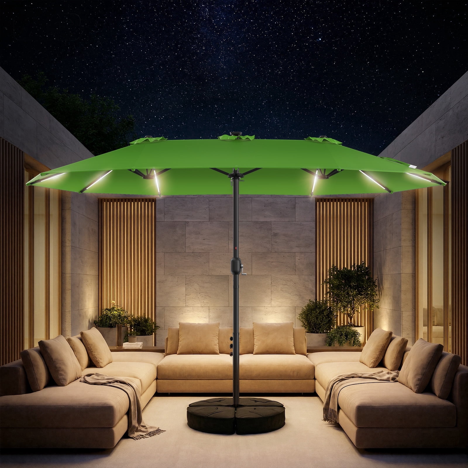 amazon led patio umbrellas with led lighting Cantilever Umbrella Solar Lights Spacious double GREEN PARTY 15 ft Large