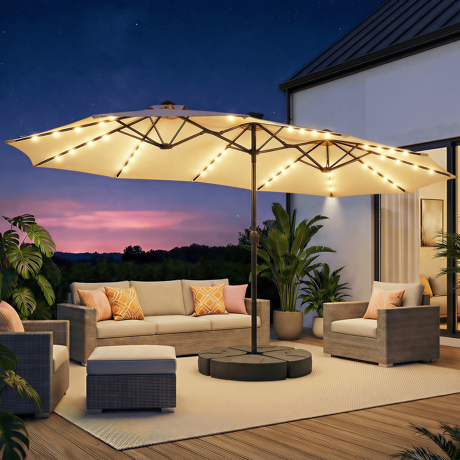 TASKBAY 15ft Patio Umbrella with Solar Lights, Double Sided Large Rectangular Outdoor Umbrella with Crank Handle for Backyard, Pool, Deck, Garden, Beige (Base Included)
