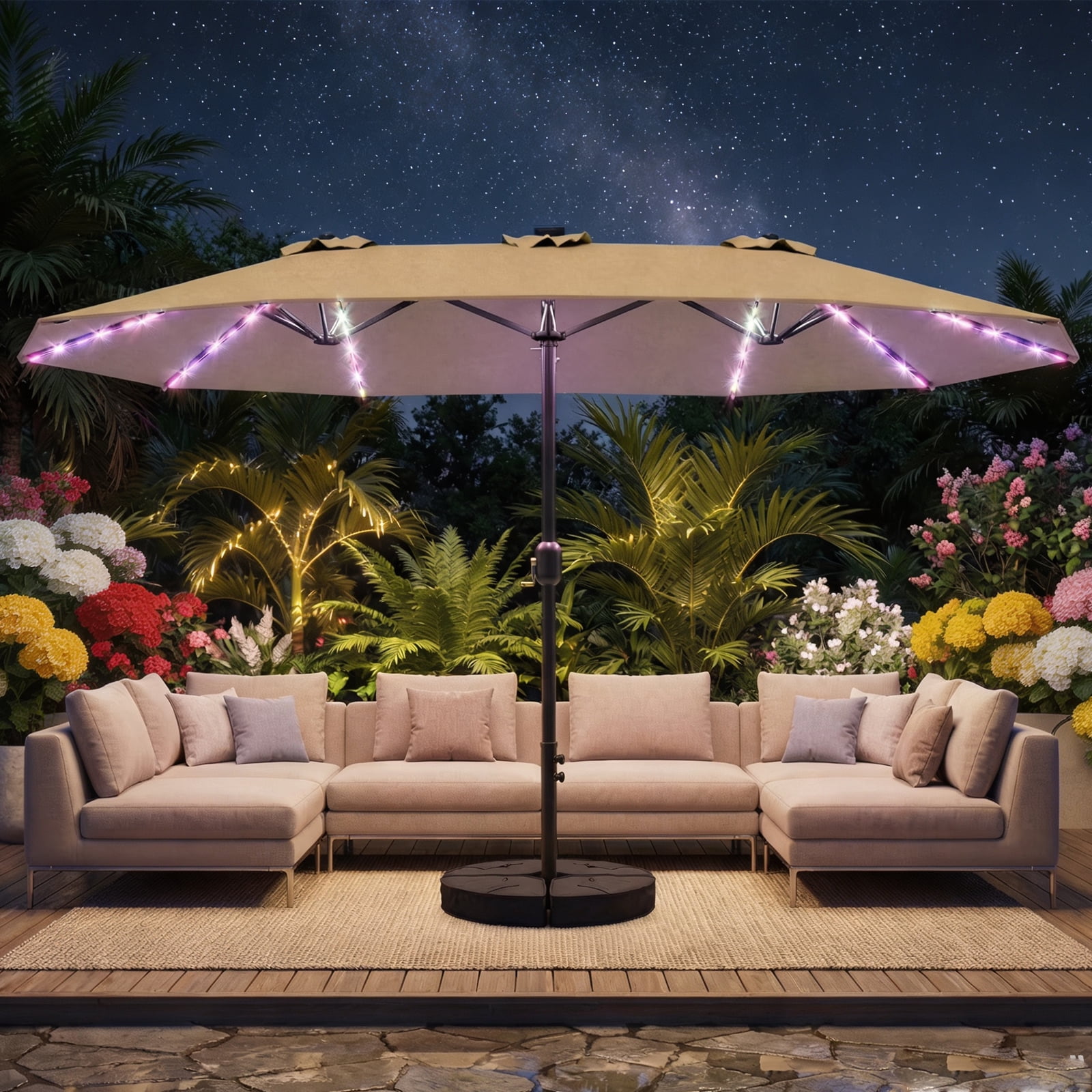 TASKBAY Patio Umbrella 48 LED Colorful Lights, 15ft Double Sided Outdoor Large Rectangular Patio Umbrella with Crank Handle, for Lawn Garden, Home, Outdoor Activities, Beige(with Base)