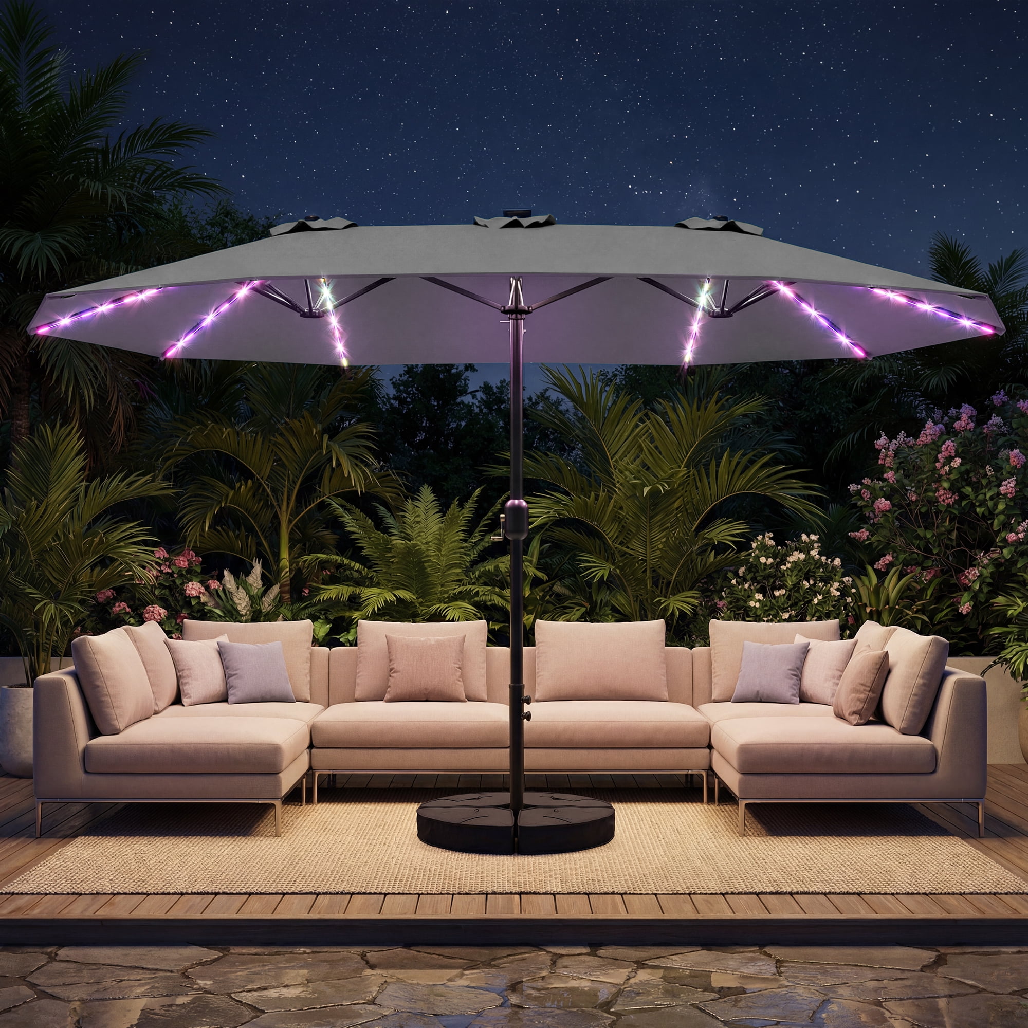 11 ft patio umbrella with led lights yankee traders Outdoor Base & Solar Cantilever Umbrellas 11' Round / Beige powered LED cantilever umbrella with double canopy FLAME&SHADE 11 ft Solar Powered