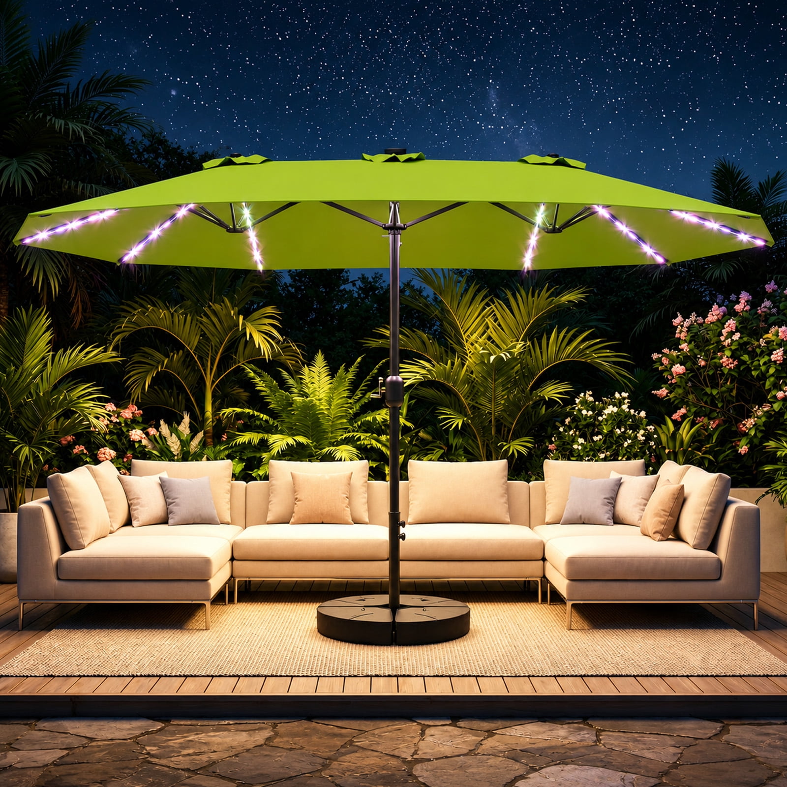 living home 25 led patio and umbrella lights PURPLE LEAF 9x12ft with Solar Lights, Rectangular Patio Umbrella, Yard Umbrellas, Navy Blue double canopy rectangular umbrella is more efficient than traditional sunshade Umbrellas cover more space String Lights for Metal Patio