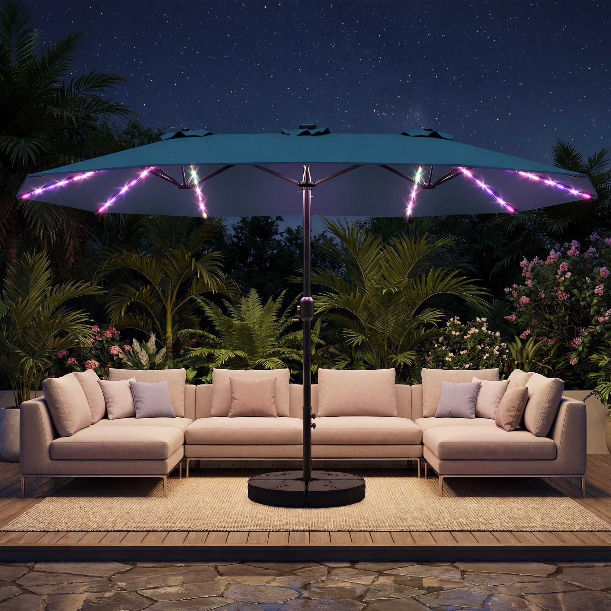 TASKBAY Patio Umbrella 48 LED Colorful Lights, 15ft Double Sided