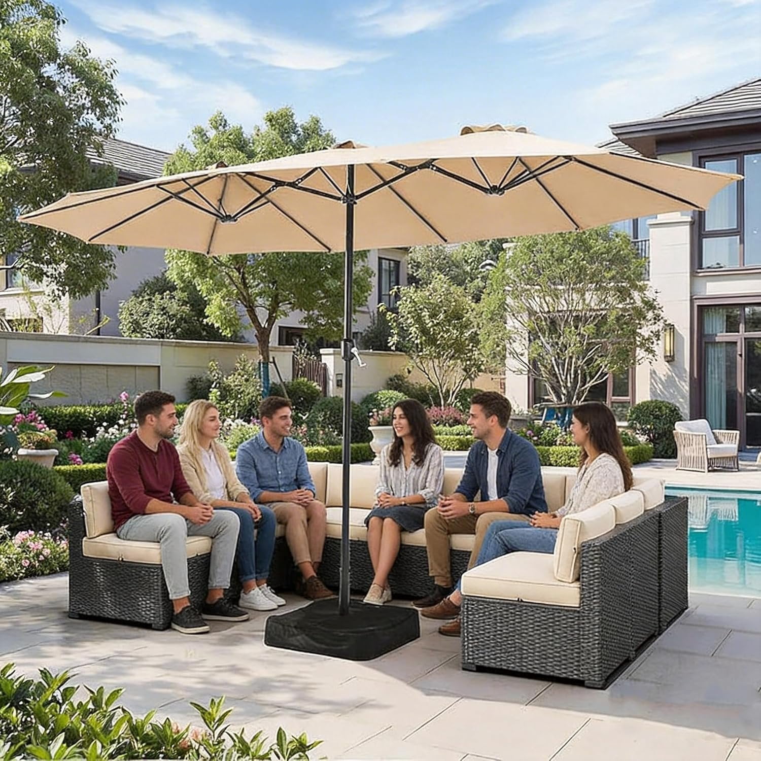 15ft Patio Umbrella with Base Included, Outdoor Double-Sided ...