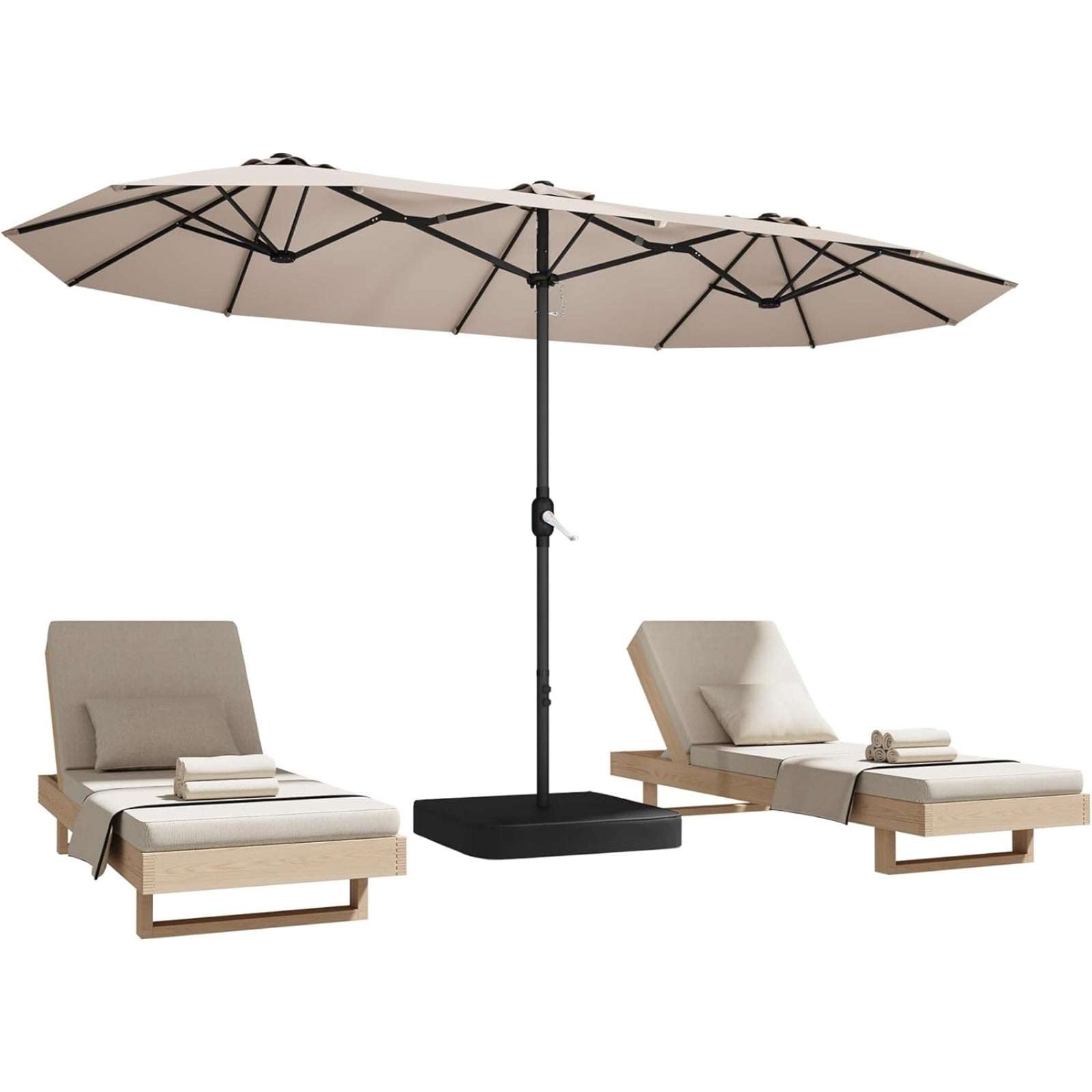 Shintenchi 13ft Double-Sided Rectangular Patio Umbrella With Base - Crank Lift, Khaki, For Pool & Garden