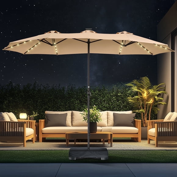 Patbrela 15ft Patio Umbrella with Light and Base, Double Sided  Large Rectangular Outdoor Umbrella with Crank Handle, for Garden, Yard, Poolside and Outdoor Activities, Beige