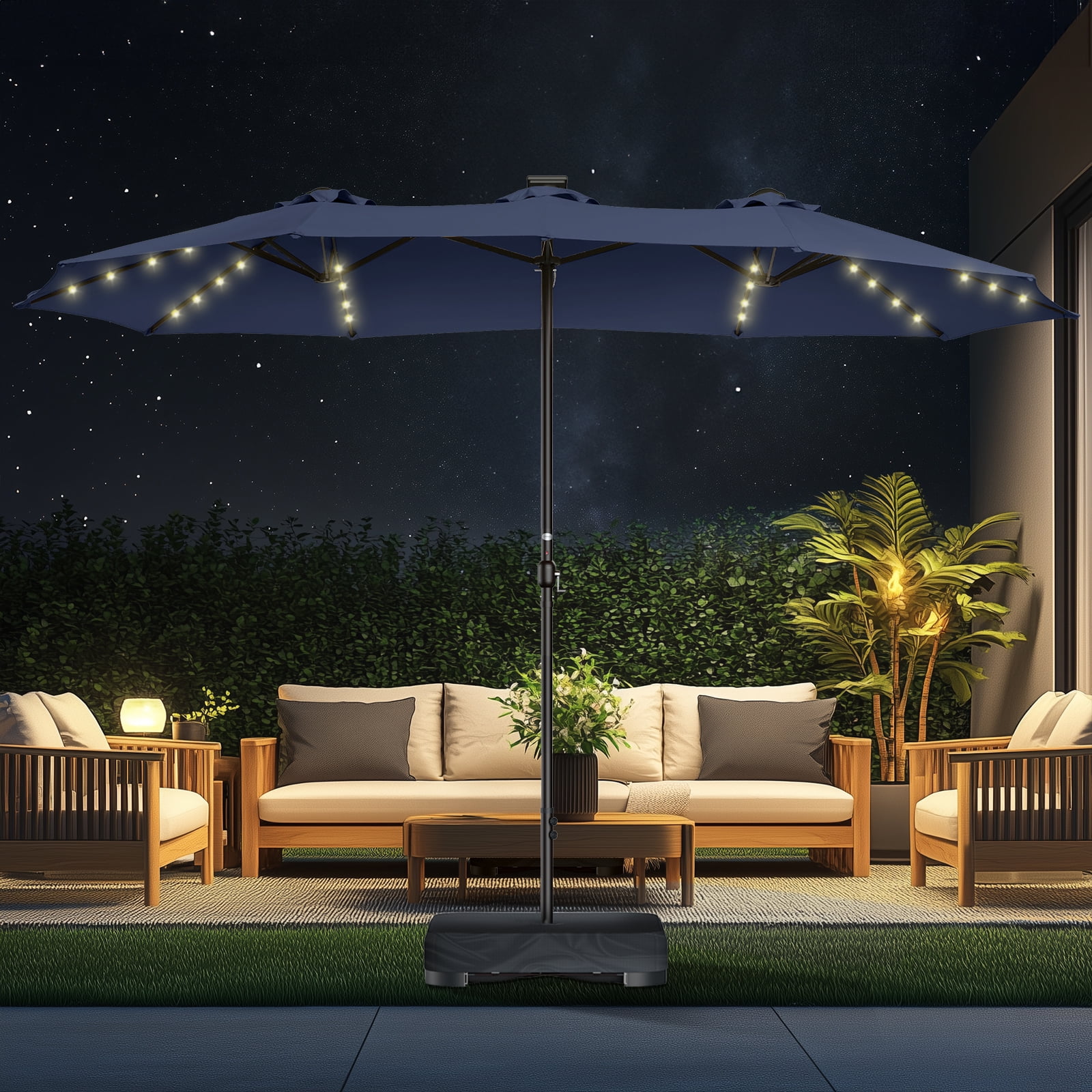 15ft Patio Umbrella with Light and Base Included, Double Sided Outdoor ...