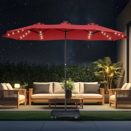 Patbrela 15ft Patio Umbrella with Light and Base, Double Sided Large Rectangular Outdoor Umbrella with Crank Handle, for Garden, Yard, Poolside and Outdoor Activities, Red