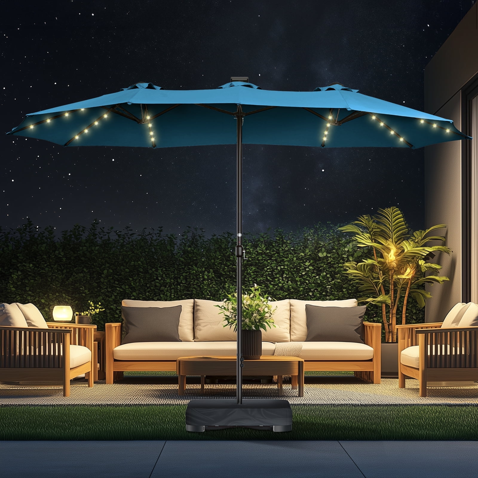 Walmart daily deals:  15ft Patio Umbrella with Light and Base Included, Double Sided Outdoor Large Rectangular Patio Umbrella with Crank Handle, for Lawn Garden,Home,Outdoor Activities