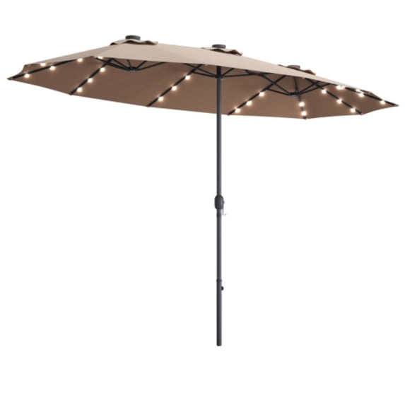 15ft Solar Patio Double-Sided Umbrella with LED Lights - Tan