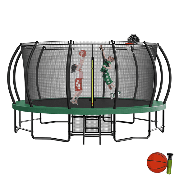 15ft Trampoline with Basketball Hoop, Netrum Outdoor Trampoline with Balance Bar, Heavy Duty Trampoline with Enclosure Net & Ladder Green