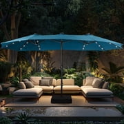 [15ft with base] PHI VILLA Patio Umbrella Double-Sided Outdoor Market Extra Large Umbrella with Crank, Umbrella Base Included Led Lights Decorative Modern