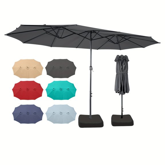 15ft x 9ft Extra Large Double-Sided Patio Umbrella with Crank & Heavy-Duty Base, Beige & Turquoise, Wind-Resistant, for Patio Lawn Garden Poolside Residential Commercial Use