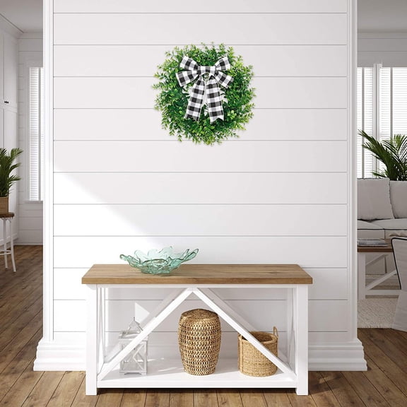 15in Artificial Boxwood Wreath Spring Summertime Wreath Artificial Spring Summer Greenery Hanging with A Plaid Bow and Sash for Front Door Wall Hanging Window Wedding