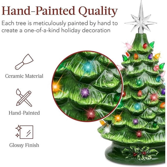 15in Ceramic Christmas Tree, Pre-lit Hand-Painted Tabletop Holiday Tree, 2 Star Toppers, 64 Lights - Green w/Multicolored Bulbs