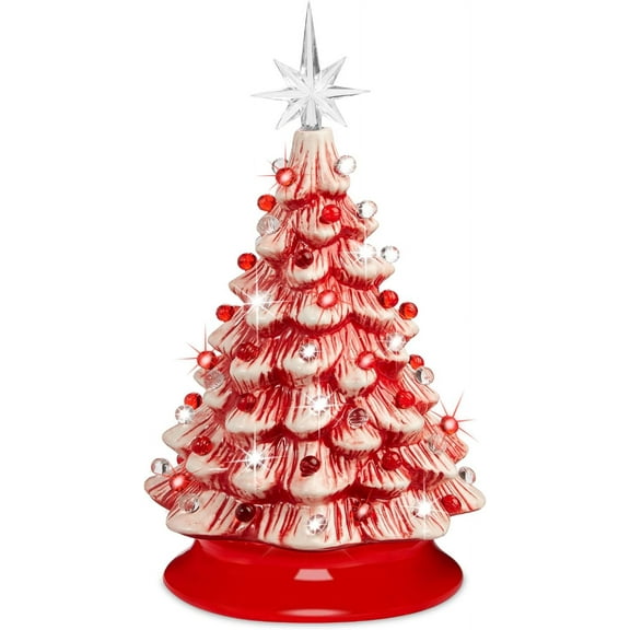 15in Ceramic Christmas Tree, Pre-lit Hand-Painted Tabletop Holiday Tree, 2 Star Toppers, 64 Lights - Peppermint w/Red and White Bulbs