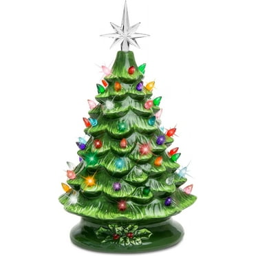 15in Ceramic Christmas Tree, Pre-lit Hand-Painted Tabletop Holiday Tree, Star Topper, 64 Lights - Green w/Multicolored Bulbs
