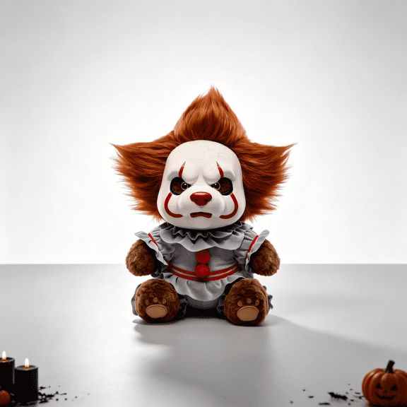 15in Creepy Clown Plush Stuffed Animal, Plush Bear Stuffed Toy Figure with Detachable Mask for Shelf Desktop Decor Holiday Gift for Collectors Horror Fans