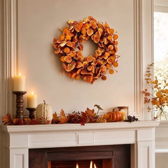 15in Fall Leaf Wreath, Warm Orange Foliage Wreath for Front Door Wall Window Fireplace, Thanksgiving Harvest Autumn Home Party Decoration