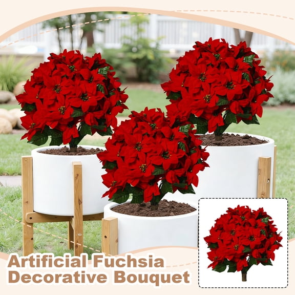 15in Realistic Artificial Red Poinsettia Bouquet, UV-Resistant Silk Shrub for Indoor Outdoor Porch & Garden Decor, Easy Setup