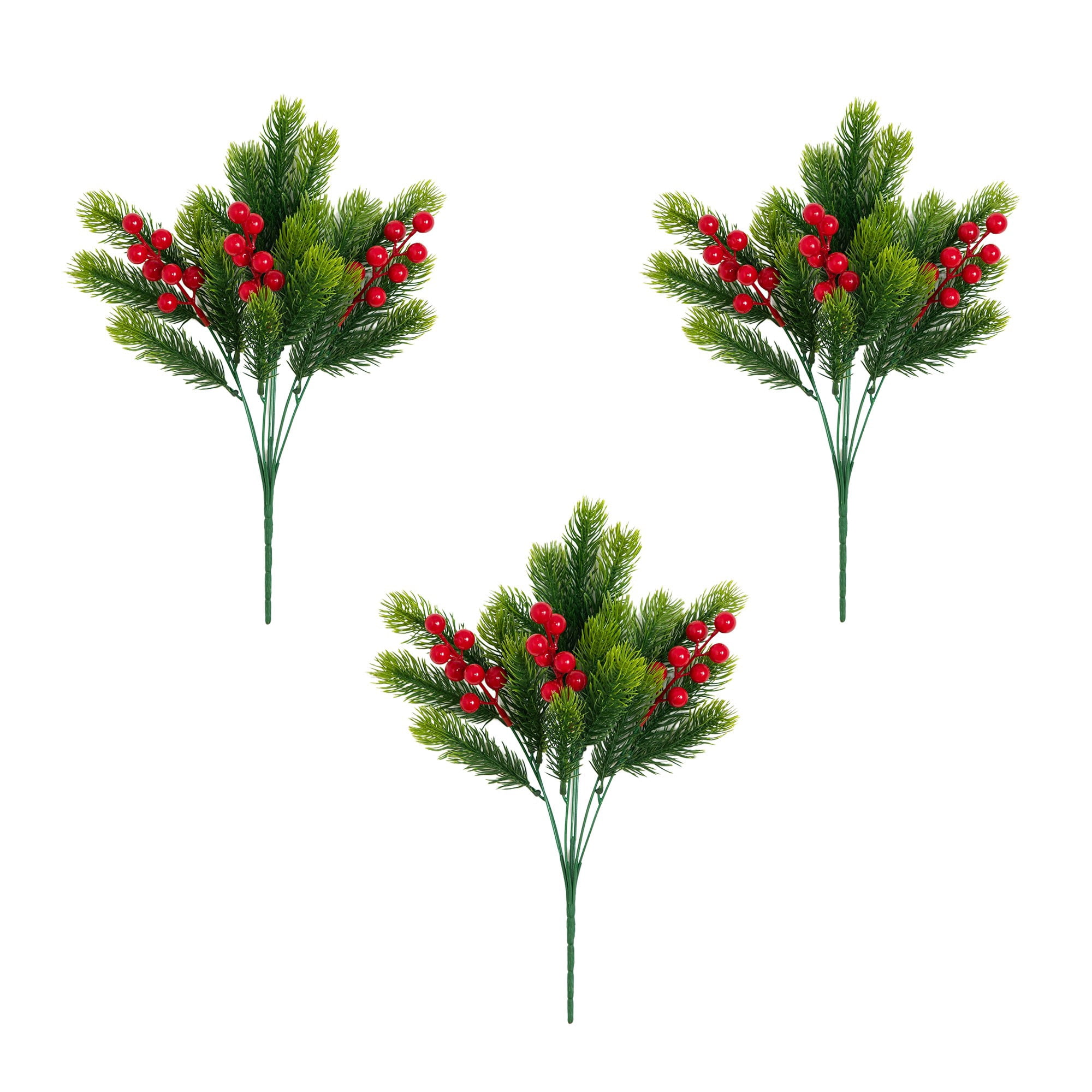 15in. UV Resistant Artificial Christmas Pine and Berries Bush (Indoor/Outdoor) - Set of 3