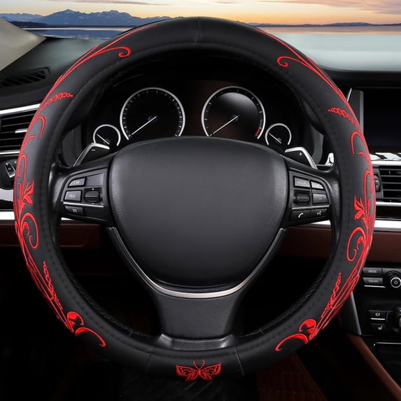 15in Universal Butterfly Embroidery Steering Wheel Cover, Breathable Leather Anti-Slip Grip, Odorless Comfortable Car Steering Wheel Protector Cover for Women Men