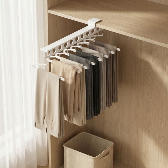 15in Wall Mounted Clothes Drying Rack,9-Hole Slide-Out Drawer Style Pant Hanger,Space Saving Retractable Wardrobe Organizer for Hanging Pants,Belts,Ties,Scarves – White
