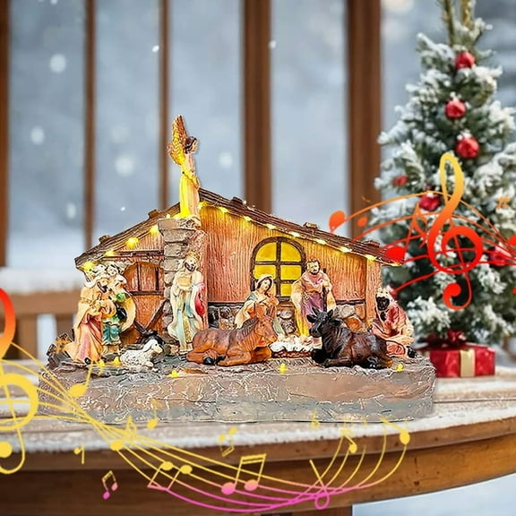 15inch Large Christmas Nativity Figurines, Resin Holy Family Manger Scene with LED Lights - Dual Rotation & Religious Music,USB Cable Included for Indoor Home Table Fireplace Holiday Decorations