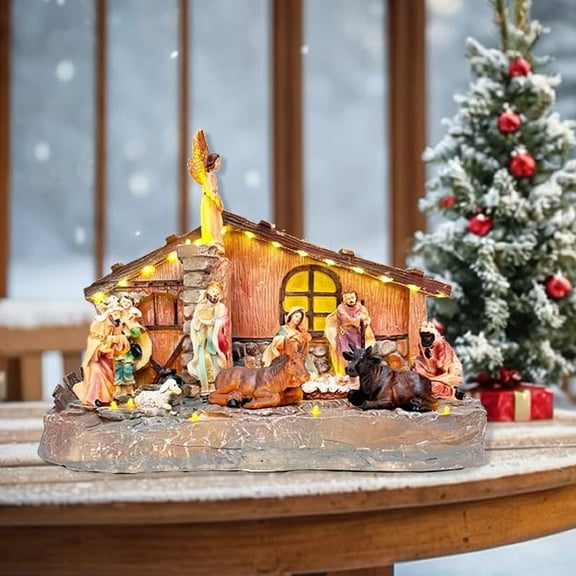 15inch Large Christmas Nativity Figurines, Resin Holy Family Manger Scene with LED Lights - Dual Rotation & Religious Music,USB Cable Included for Indoor Home Table Fireplace Holiday Decorations