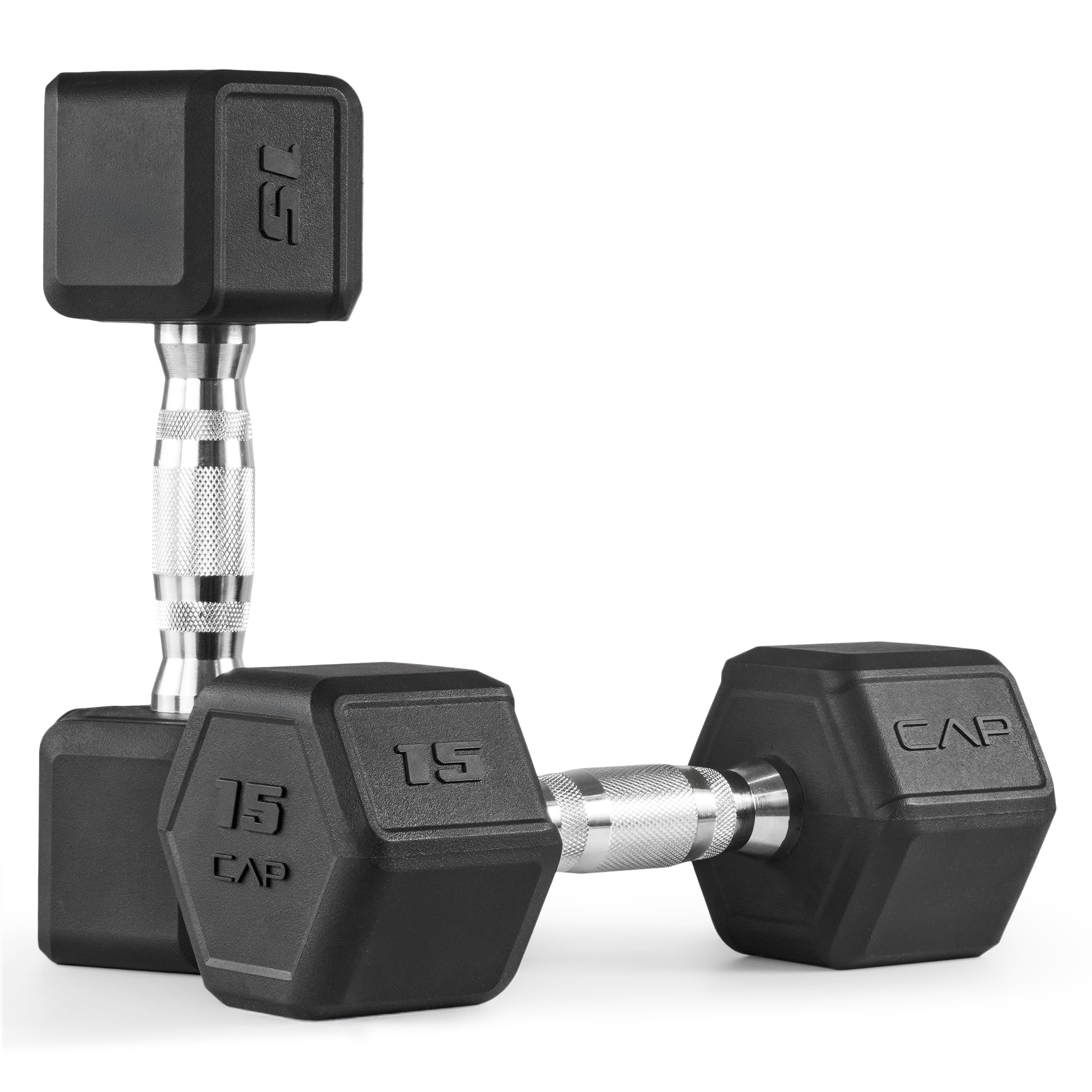 CAP 15 lb Premium Rubber Hex Dumbbell Pair, Chrome Handle, Home Gym Hand Weights