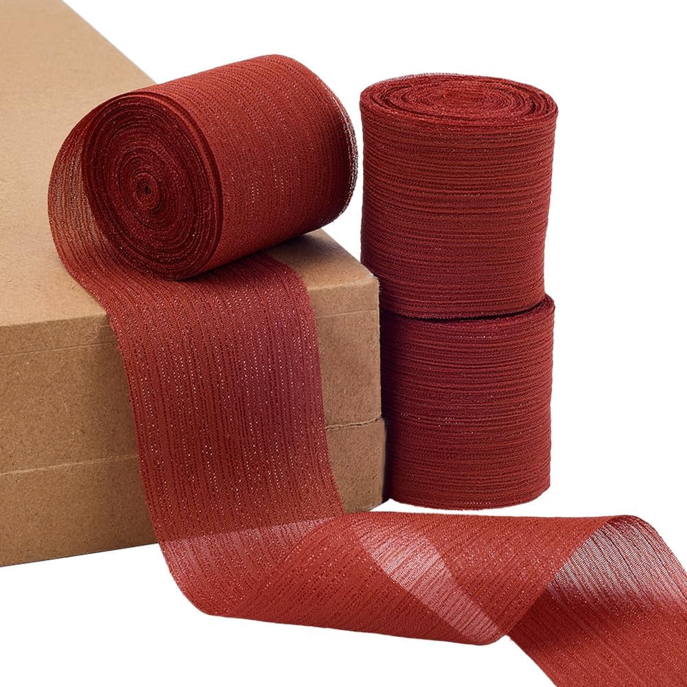 15m 3 Rolls Crinkle Chiffon Ribbon 39mm Wide Pleated Silk Ribbon Rust ...