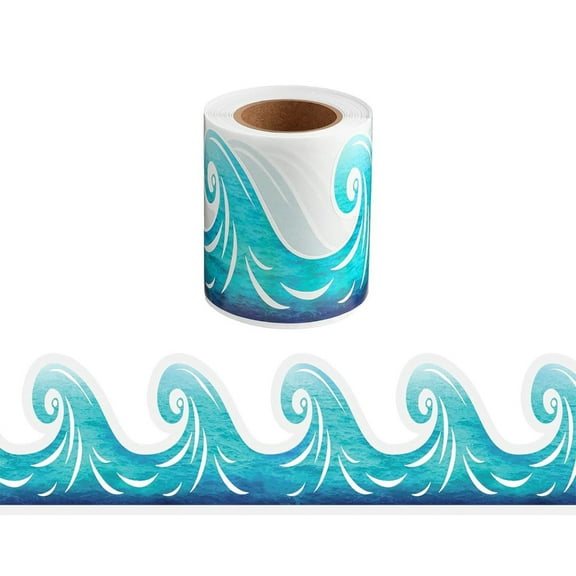 15m Bulletin Board Borders Blue Waved Classroom Blackboards Adhesive Border Trim Decoration for Poster Boards Decoration