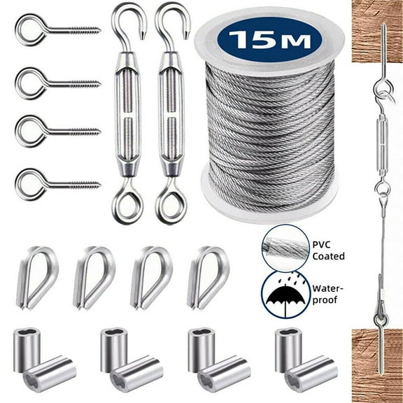 15m Cable Guardrail Ropes PVC Steel Coated Flexible Wire Soft Stainless Steel Clothesline Fence Roll With Steel Cord Hooks