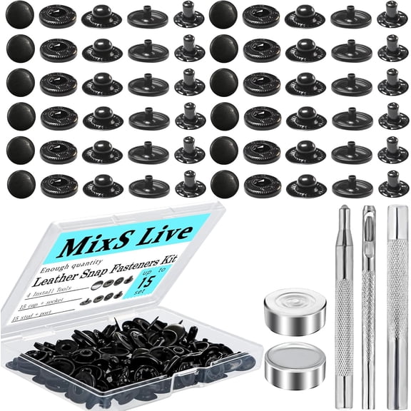 15mm Snap Fasteners Kit,15 Set Brass Snap Buttons with Rivets and Snaps for Jackets, Belts, DIY Crafts, Includes 4 Installation Tools - Rustproof Beginner-Friendly No Sew Kit