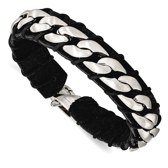 15mm Stainless Steel Brushed Curb Chain and Black Leather Bracelet 8.5 Inch Link Bracelet for Women and Men