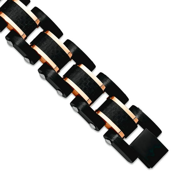 15mm Stainless Steel Brushed and Polished Black And Rose Ip Plated With Black Carbon Fiber Inlay Link Bracelet 8.5 Inch