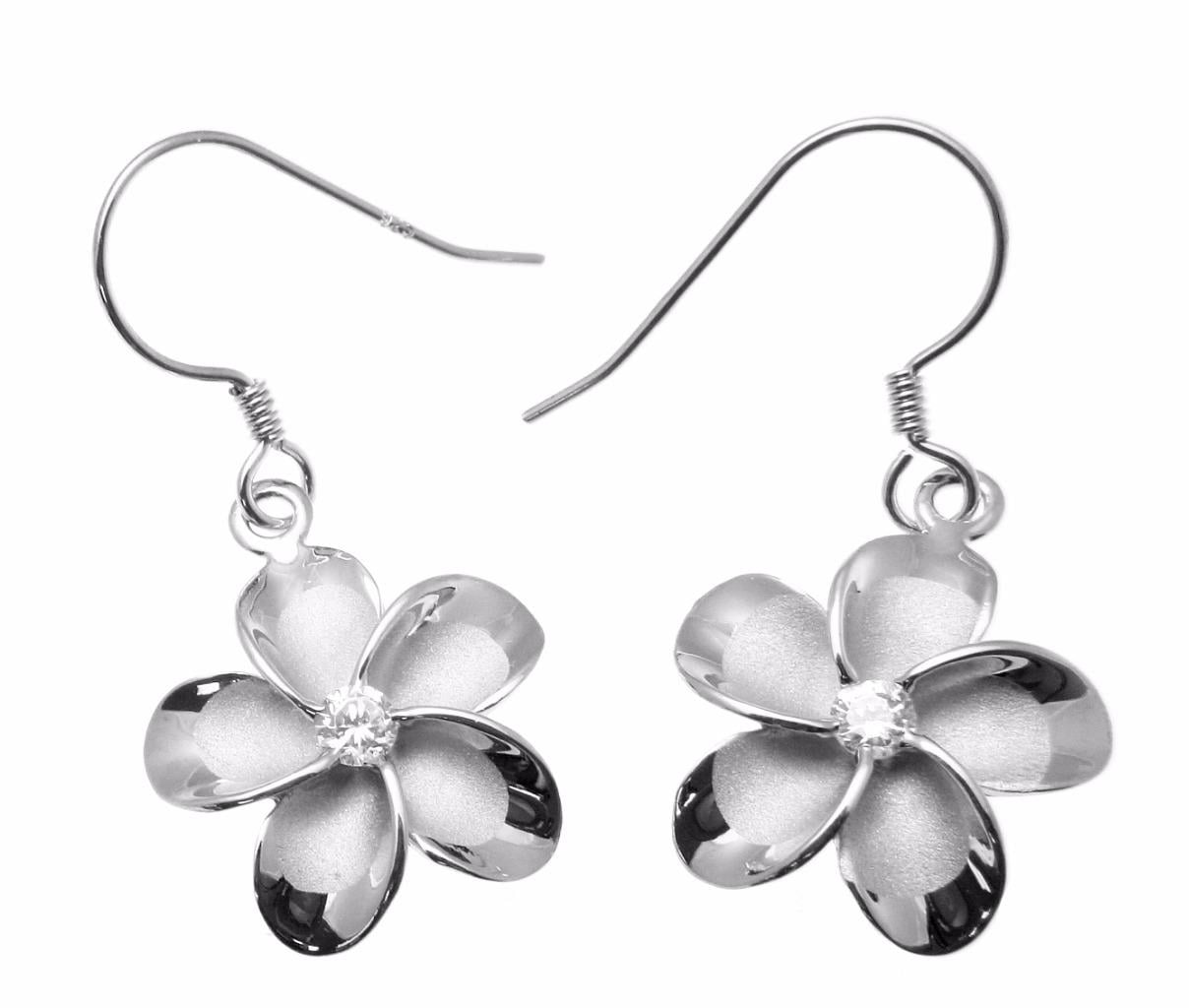 15mm Sterling silver 925 Hawaiian plumeria flower hook wire rhodium plated earrings