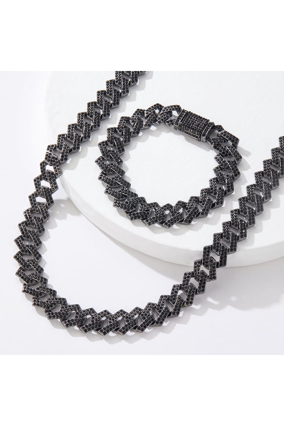 15mm wide Hip Hop 14K Black Gold CZ Stone Paved Bling Iced Out Solid Rhombus Cuban Miami Link Chain Necklace for Men Rapper Jewelry