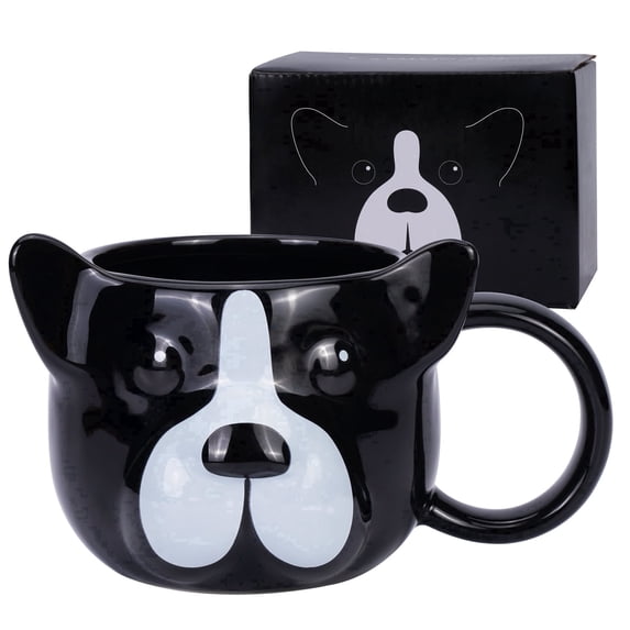 15oz 3D French Bulldog Ceramic Mug - Sculpted Boston Terrier Coffee Cup - Microwave Dishwasher Safe Gift for Dog Mom - Black