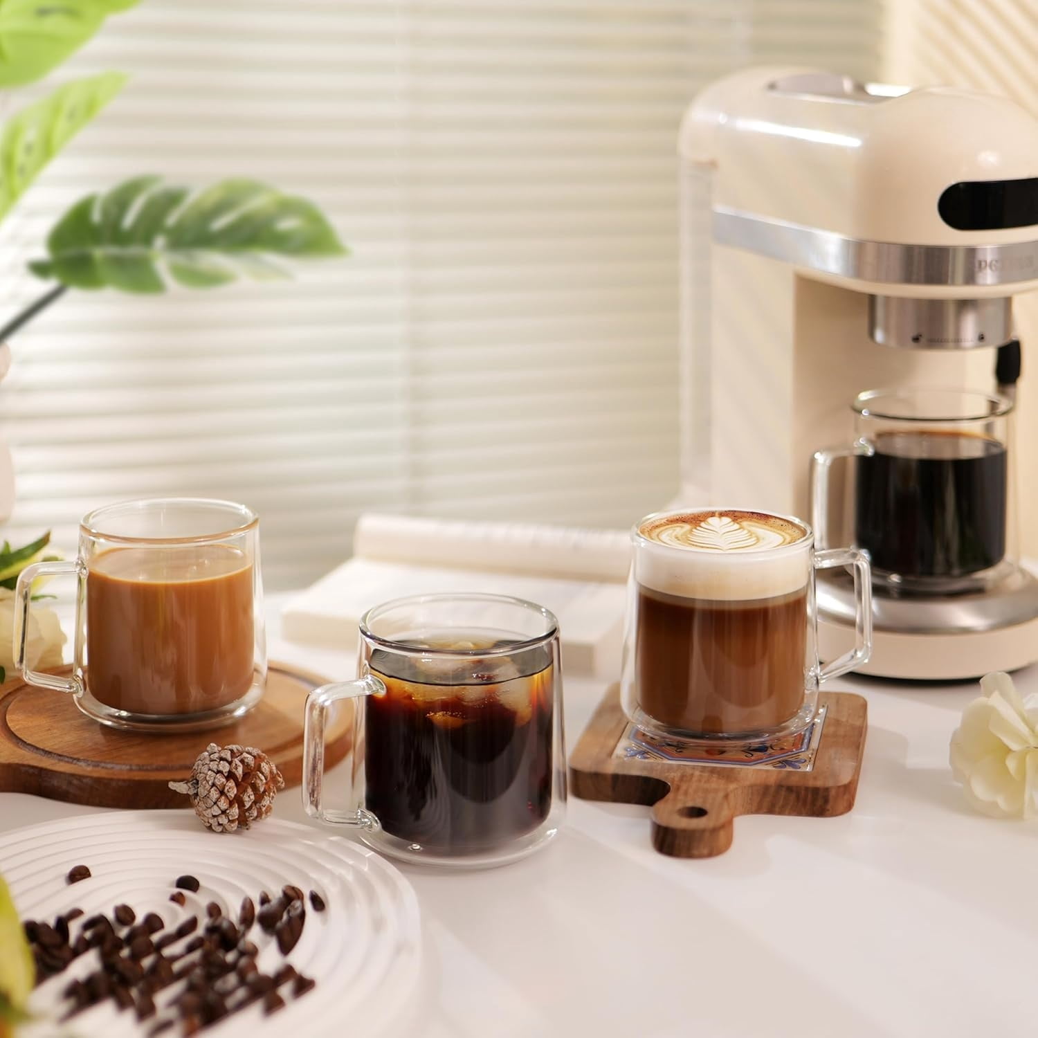 15oz(4-pack) Double Walled Glass Coffee Mugs,Large Insulated Glass Mugs with Handle,Clear Coffee Cups for Espresso,Latte,Cappuccino,Tea