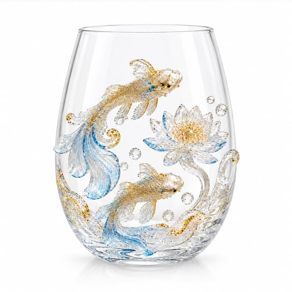 Golden Koi Artisan Stemless Glass Cup, 15oz 2D Nature‑Inspired Dream Collectible Decorative Drinking Tumbler, Gift for Women, Mom, Birthday & Housewarming Party by XSAOP