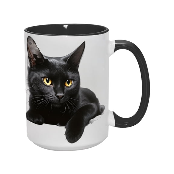 15oz Black Cat Lover Mug - Stunning Black Cat with Bright Yellow Eyes Ceramic Coffee Cup, 15 Ounce, Perfect Gift for Cat Enthusiasts