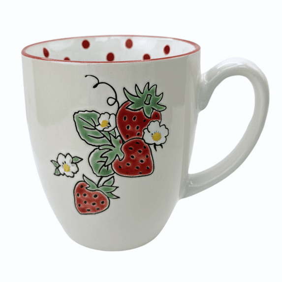 15oz Ceramic Tea Cup Coffee Mug for Office and Home, Hand Painted with Handles, Cute Strawberry Mug, Dishwasher Microwave Safe, Best Gifts for Women, Mom(3 Strawberries)