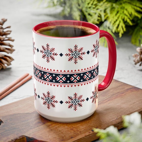 15oz Christmas Snowflake Coffee Mug Festive Fair Isle Pattern with Red Handle Holiday Ceramic Tea Cup for Hot Cocoa and Winter Morning Beverages Perfect Seasonal Kitchen Decor or Gift Idea