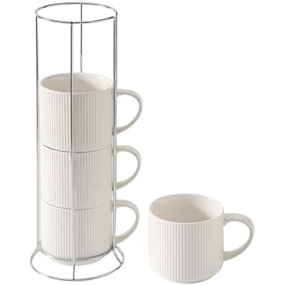 15oz Coffee mugs Set of 4,Stackable Ceramic Coffee Mug with Rack,Porcelain Coffee Cups for Latte,Cocoa, Americano, Hot Tea and Milk,Vertical Striped,White