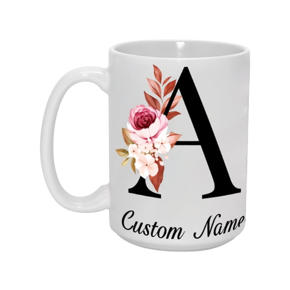 15oz Custom Name Floral Letter Mug - Personalized Ceramic Coffee Cup with Flower Design, Perfect Gift for Her, Women, Mom, or Friends