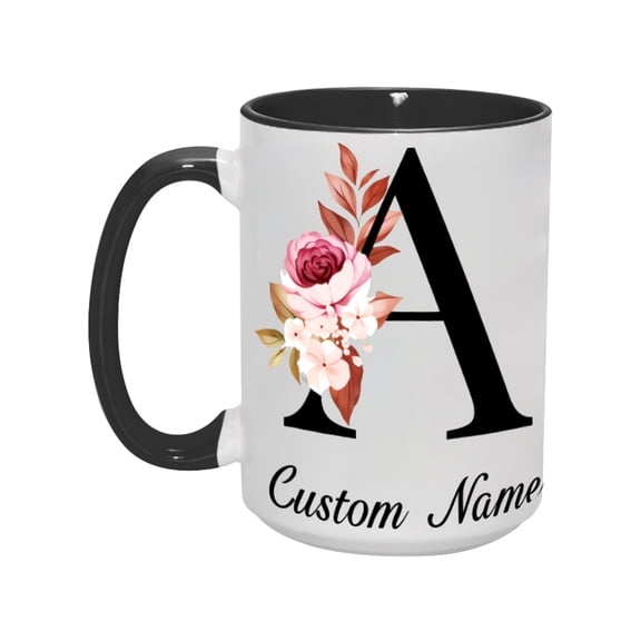 15oz Custom Name Floral Letter Mug - Personalized Ceramic Coffee Cup with Flower Design, Perfect Gift for Her, Women, Mom, or Friends